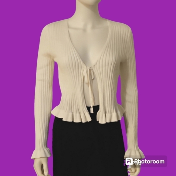IT'S OUR TIME White Ribbed Ruffle Bow Tie Cardigan Castlecore Sweater Medium - Picture 1 of 7